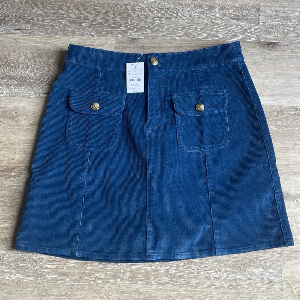 J. Crew Corduroy Patch Pocket Short Skirt Size 4 Blue Zip CN434 NWT $98